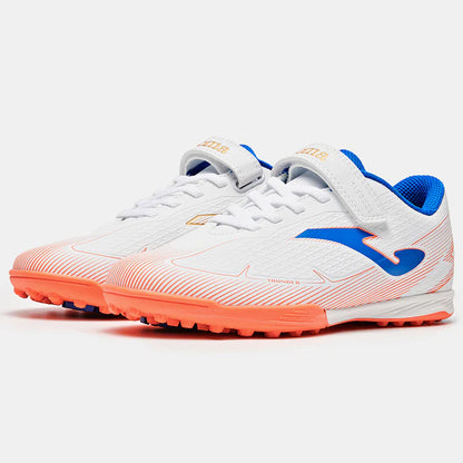 Kids' Velcro-studded Soccer Shoes, Armor 3.0 TF [White/Orange/Silver/Green]