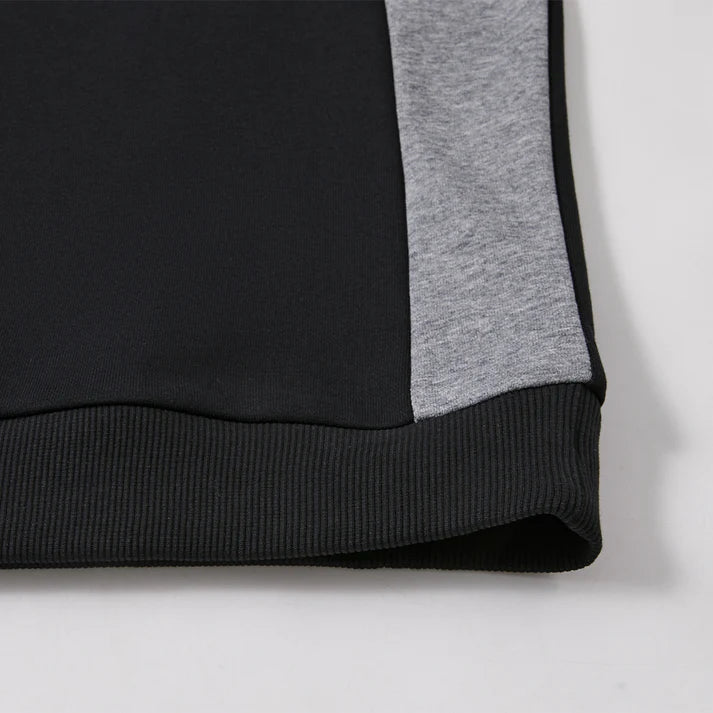 成人長袖圓領拼接大學T【黑/卡其】