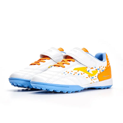 Children's Velcro spiked soccer shoes LIGA 02 - TF [White/Orange]
